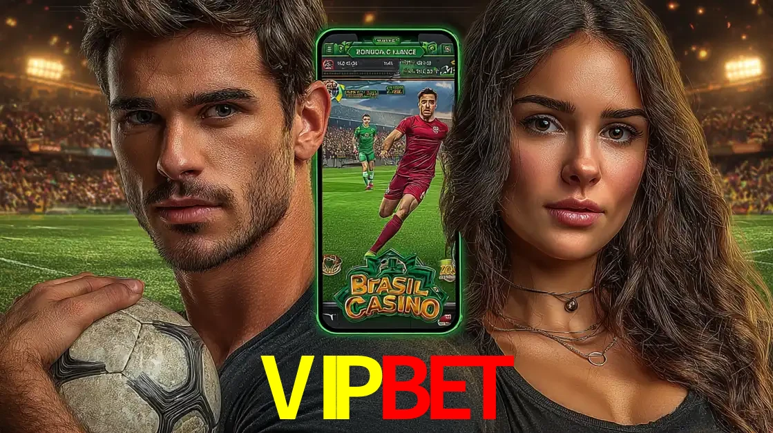 Homem segurando uma bola de futebol e uma mulher ao lado de um smartphone exibindo o jogo de apostas esportivas da VIPBET. Faça seu palpite no cassino online.